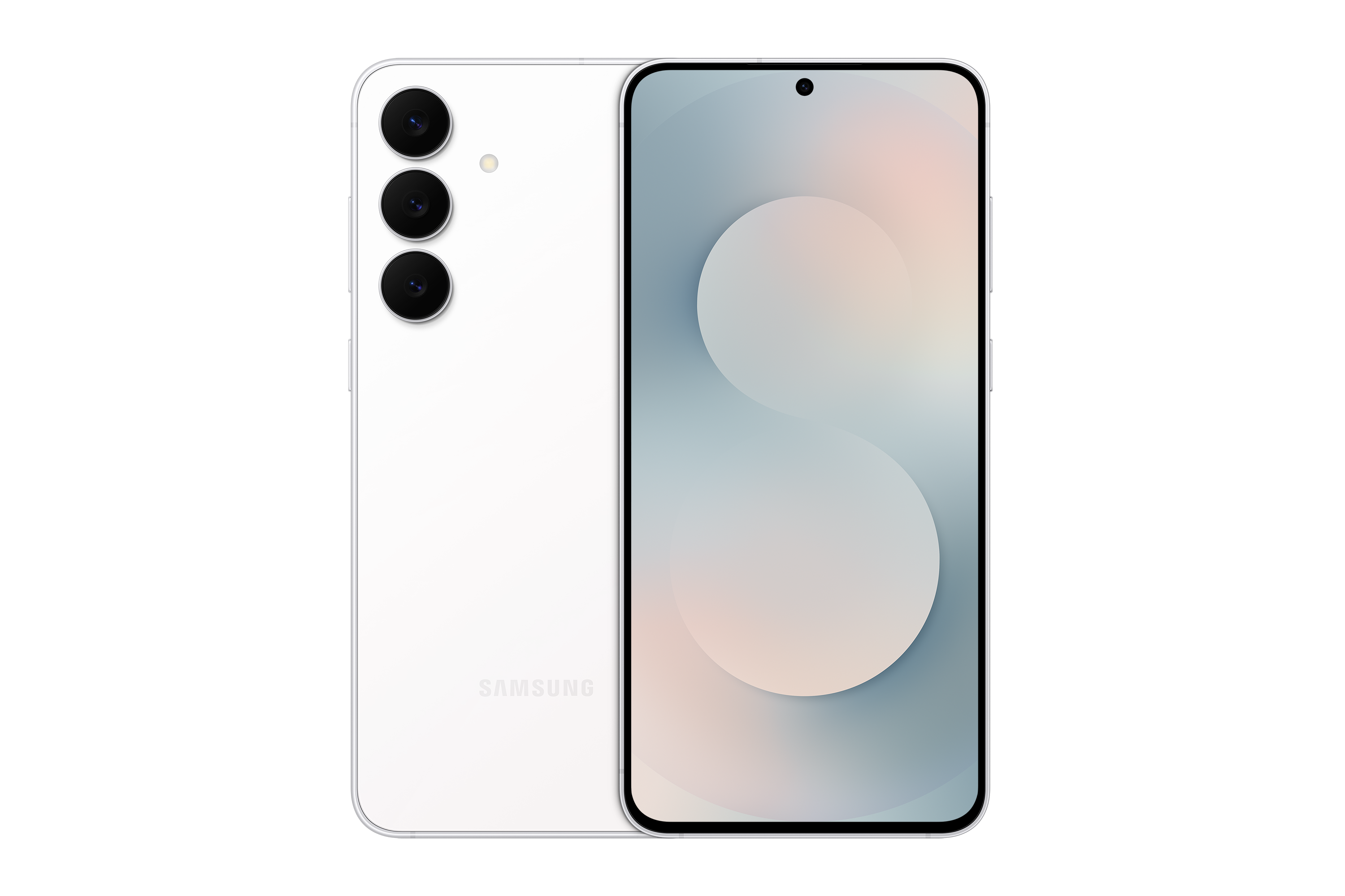 Arkasında üçlü kamera kurulumu ve degrade ekranı olan beyaz bir Samsung telefon.