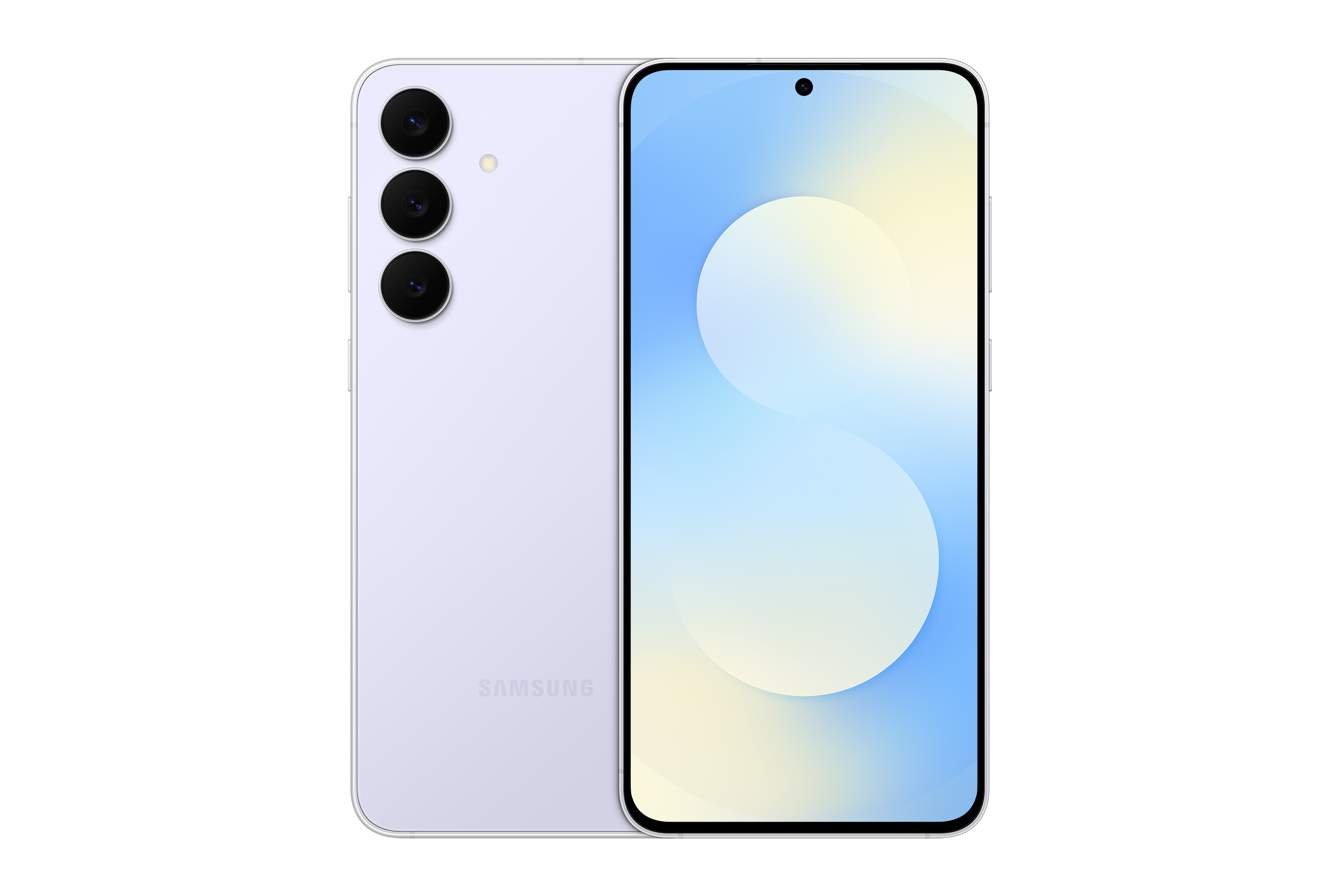 Siyah zemin üzerinde lila renkli bir Samsung telefon. Ekranda mavi ve sarı bir gradyan var.