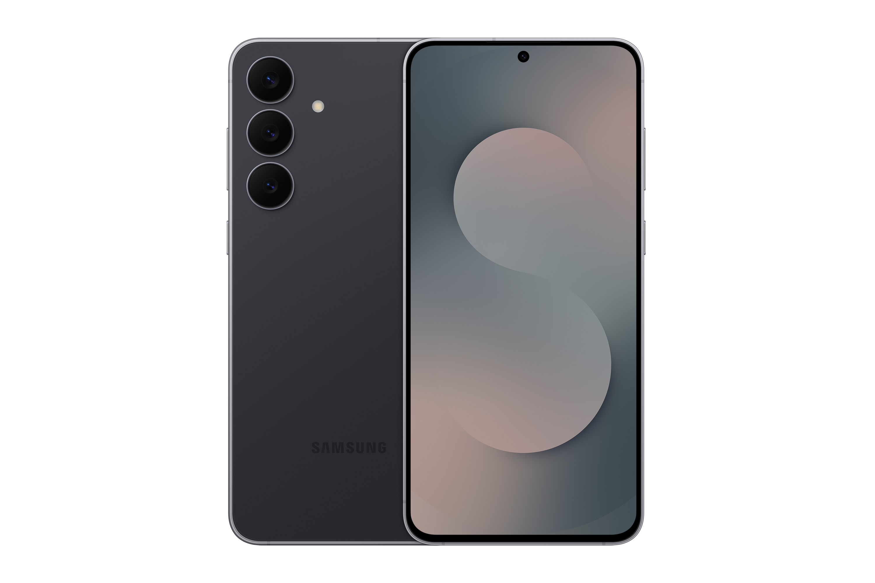 Üç arka kamerası olan gri bir akıllı telefon. Ekran, açık gri ve ten rengi bir geçiş gösteriyor. Siyah arka plan.