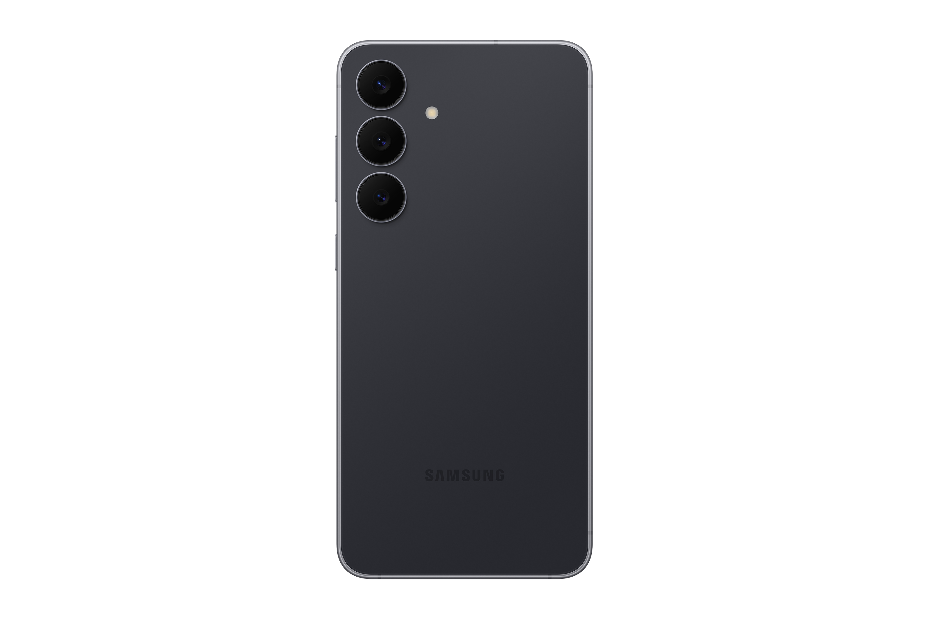 Karanlık gri bir akıllı telefonun arkası, üç kamera ve bir flaş ile. Samsung logosu görünür. Siyah arka plan.