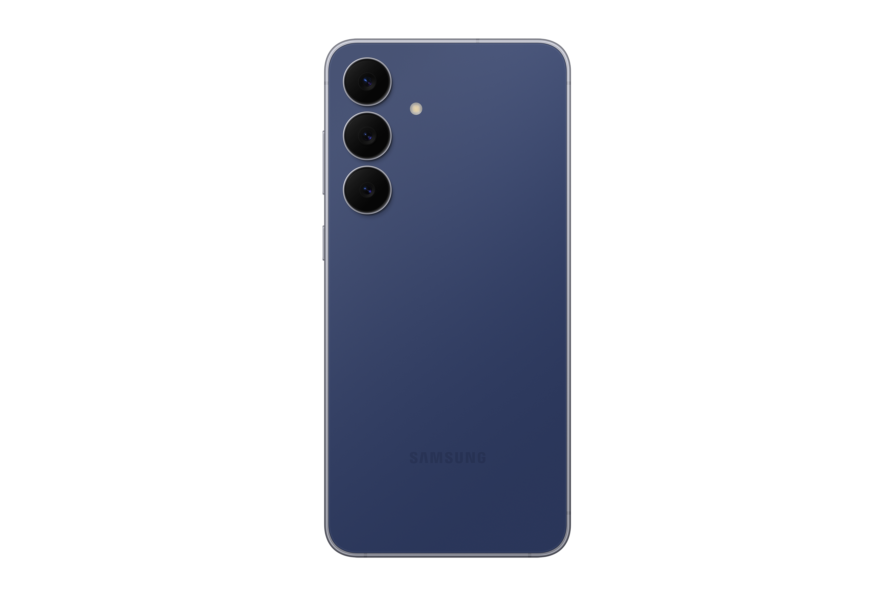 Siyah arka plan üzerinde üçlü kamera lensi ve Samsung logosu bulunan mavi bir akıllı telefonun arkası.