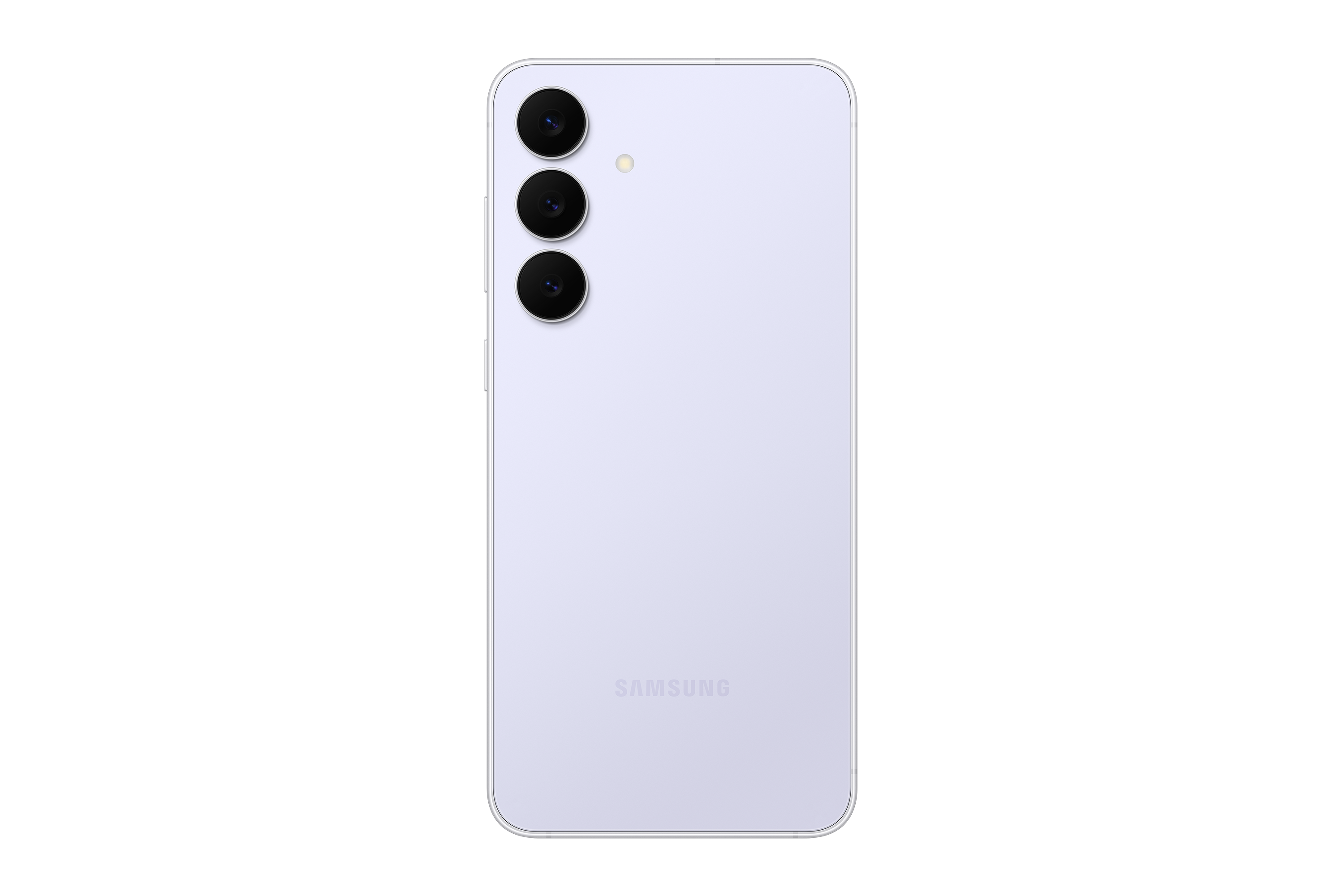 Siyah zemin üzerinde açık mor bir akıllı telefon. Üç arka kamerası ve bir Samsung logosu var.