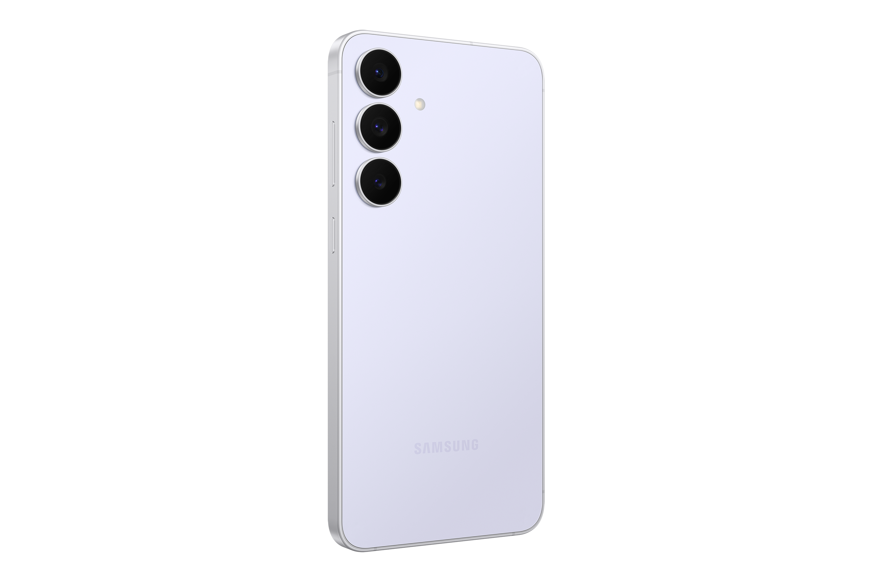 Siyah arka planda üç lensli ve Samsung logolu, arkadan görünüşü lila bir akıllı telefon.