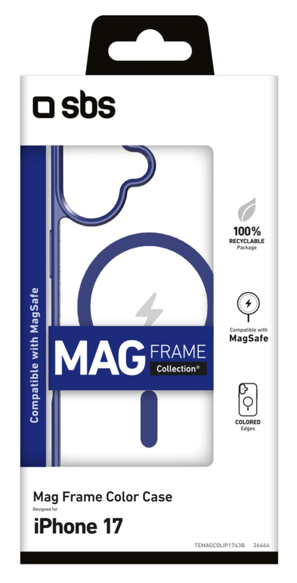 Pudełko na etui do iPhone'a 17. Jest biało-niebieskie, z marką 'sbs' i funkcjami takimi jak kompatybilność z MagSafe.