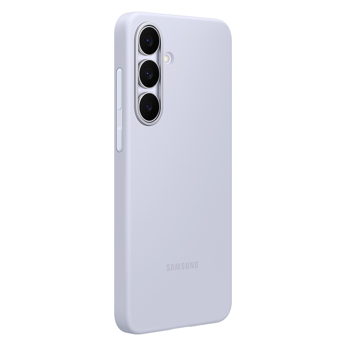 Açık mor bir Samsung telefon kılıfı. Üç kamera lensi ve bir yan düğmesi var. Samsung logosu görülebilir.
