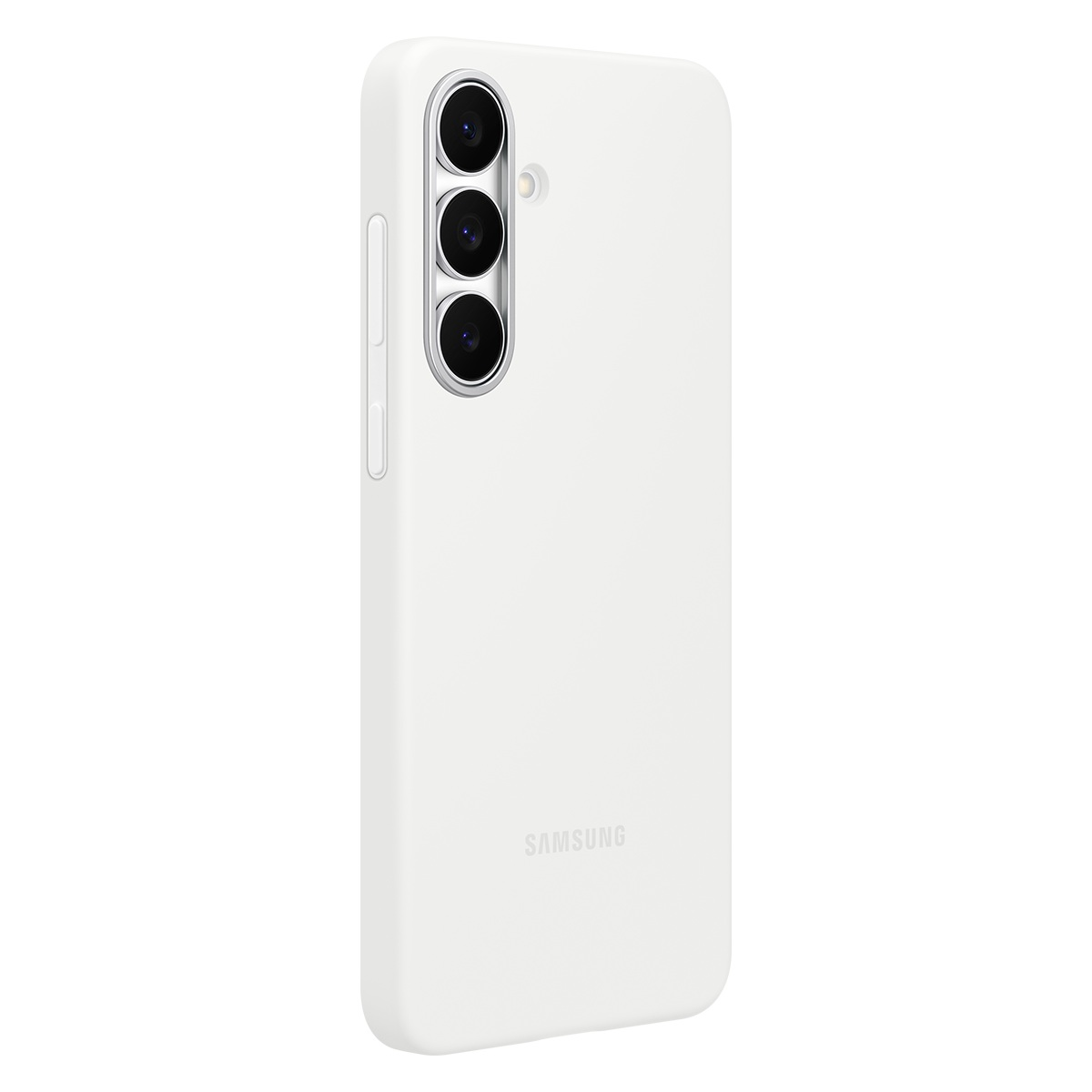 Kamera modülüne sahip beyaz bir telefon kılıfı. Samsung logosu görünür. Beyaz zemin üzerinde yakın çekim.