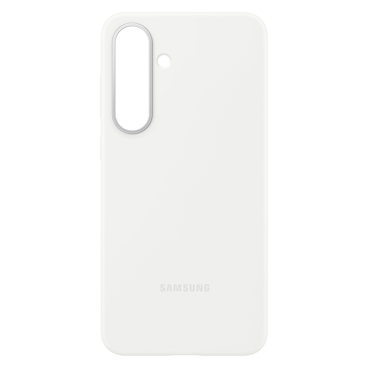 Samsung için beyaz bir telefon kılıfı, oval kamera kesimi ve marka adı altta.
