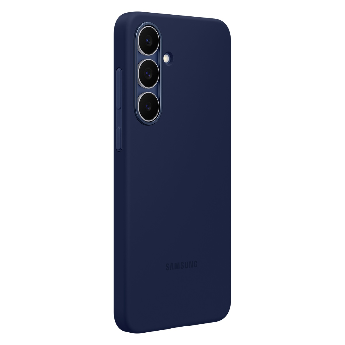 Üç kamera lensi ve Samsung logosu bulunan lacivert bir telefon kılıfı. Kılıf beyaz bir arka plan üzerinde.