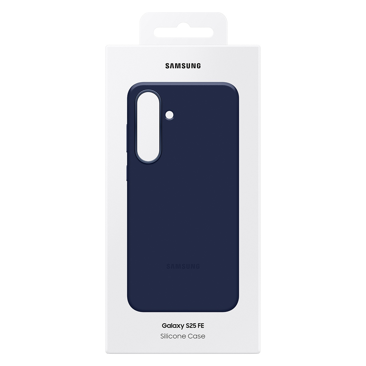 Beyaz bir ambalajda lacivert bir Samsung Galaxy S25 FE silikon kılıfı. Ambalajda bir kanca ve Samsung logosu var.
