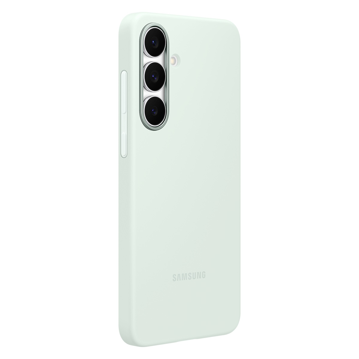 Samsung telefon için açık yeşil bir telefon kılıfı. Üç kamera lensi var ve Samsung logosu görünür durumda.