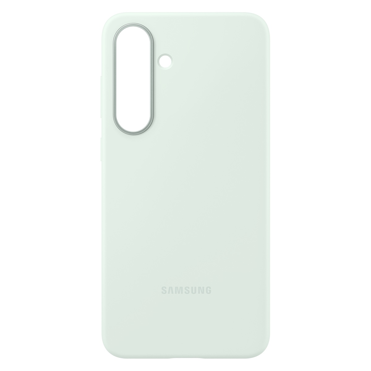 Gümüş çerçeveli kamera çıkıntısı ve küçük bir delik bulunan açık yeşil bir telefon kılıfı. Alt kısımda Samsung logosu.