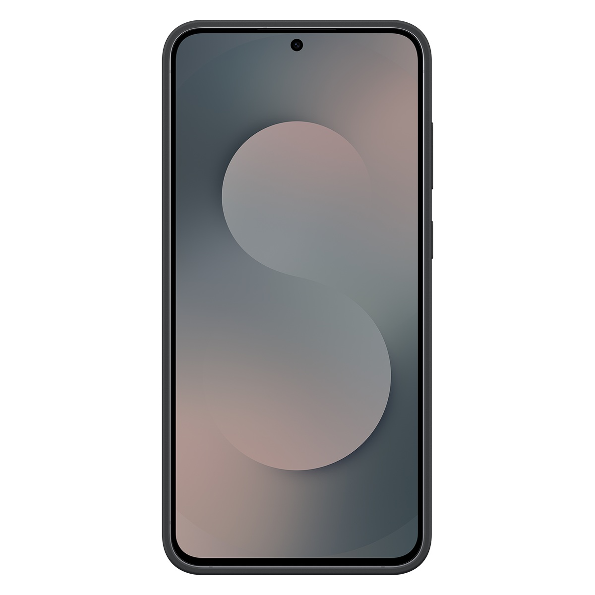 Koyu gri çerçeveli bir akıllı telefon. Ekran, iki üst üste binen daire ile gri ve pembe bir degrade gösteriyor. Bir kamera görülebilir.