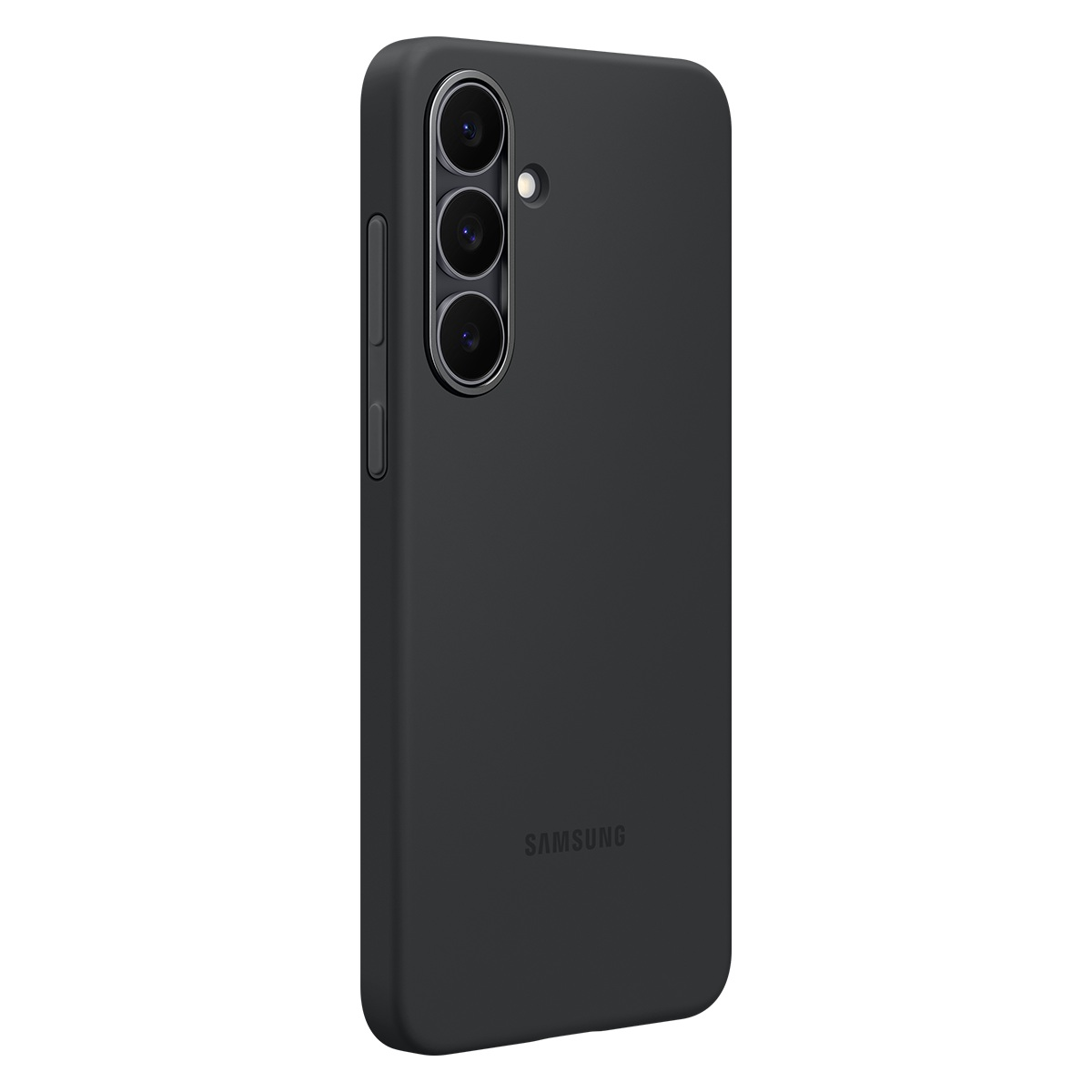 Üç kamera lensi ve Samsung logosu bulunan siyah bir telefon kılıfı. Kılıfın dokusu pürüzsüz ve hafif açılıdır.