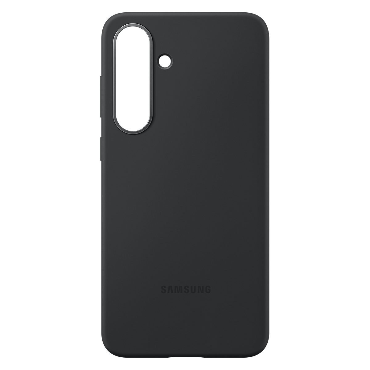 Kamera kesimi ve Samsung logosu olan siyah telefon kılıfı. Yan tarafta düğmeler. Temiz, basit tasarım.