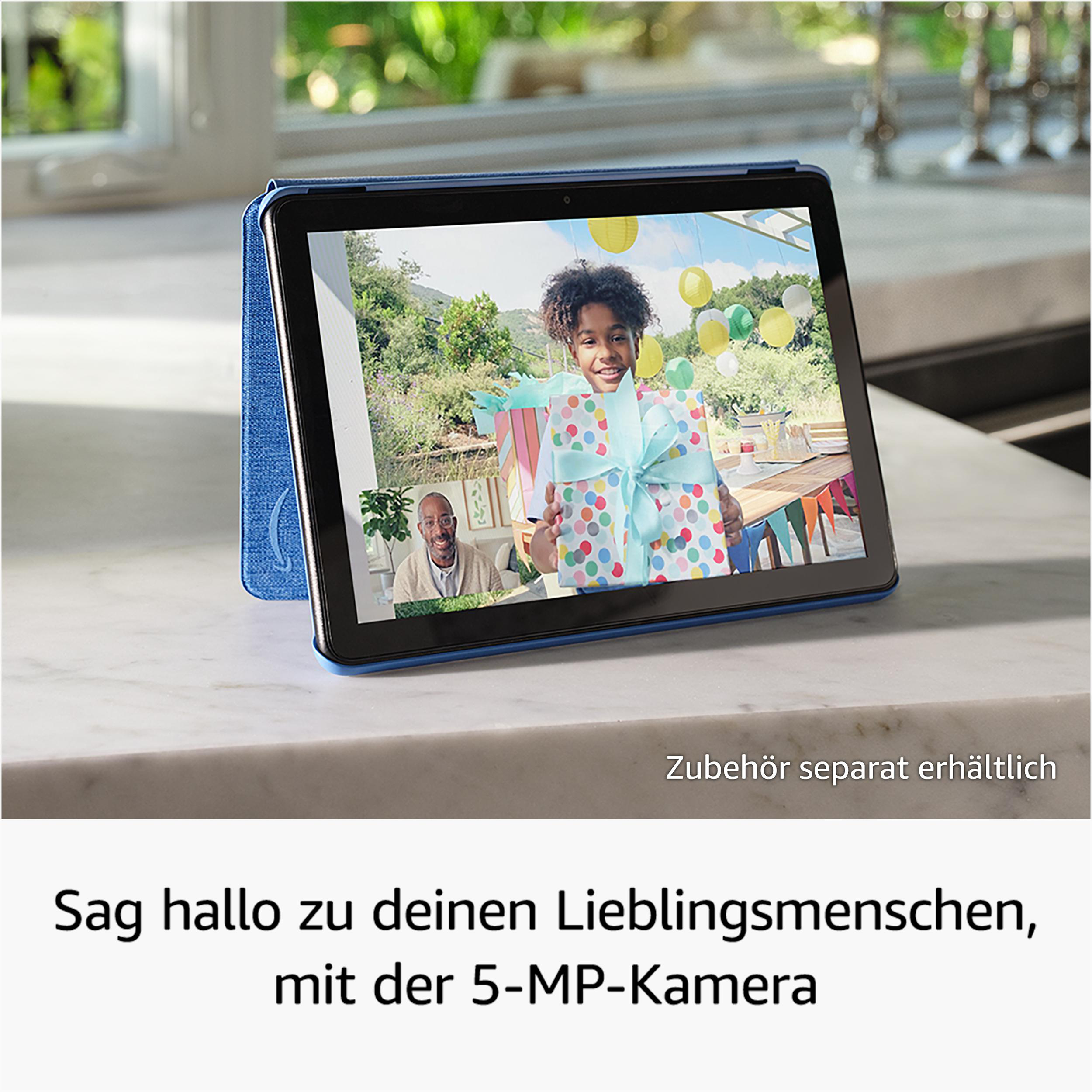 Tablet zeigt Videoanruf. Kind hält Geschenk. Mann im Videoanruf sichtbar.