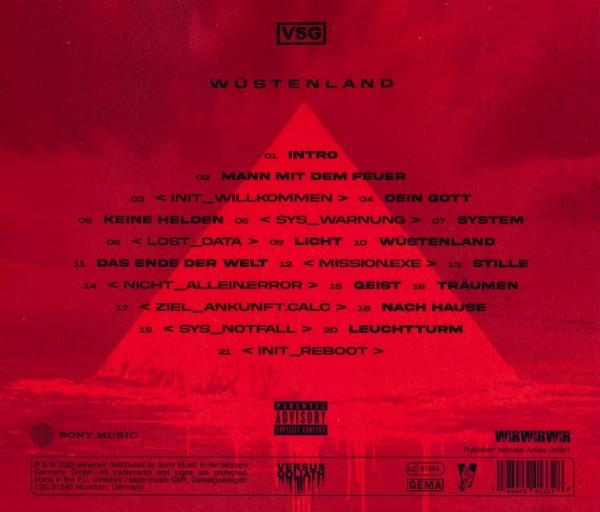 Rotes Albumcover mit weißem Text, der Songtitel auflistet, VSG-Logo oben und Warnhinweis für Eltern.