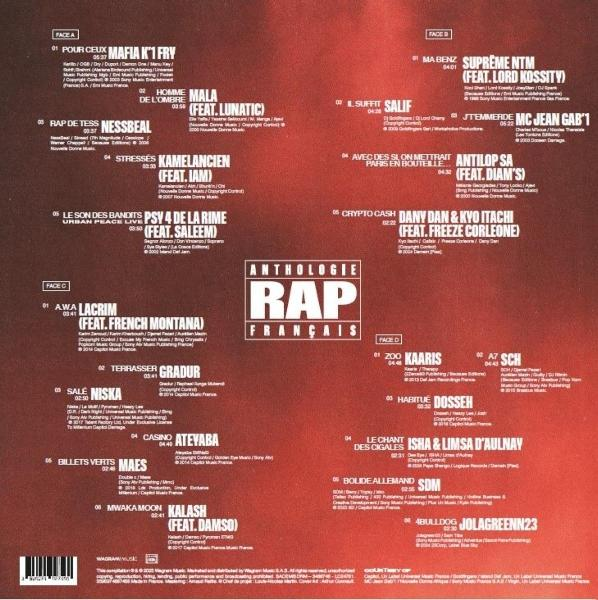 Albumcover mit rotem Farbverlauf. Text listet Künstler und Songtitel auf, darunter 'Anthologie Rap Français'.
