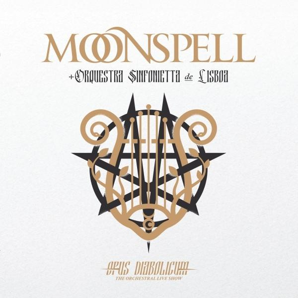 Poster mit 'Moonspell' und 'Orquestra Sinfonietta de Lisboa'. Ein harfenähnliches Design ist zentriert, darunter steht 'Opus Diabolicum'.