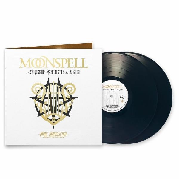 Albumcover, Moonspell, und zwei Schallplatten. Cover mit Logo und Text. Vinyl ist schwarz mit weißen Etiketten. Der Hintergrund ist weiß.