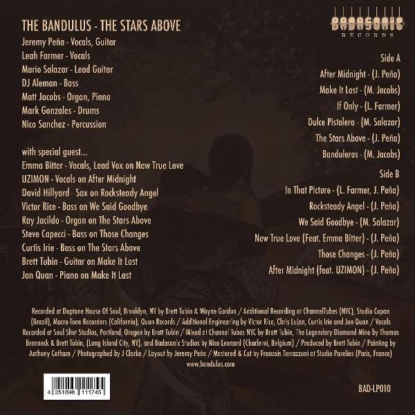 Albumcover mit Text: The Bandulus - The Stars Above. Listet Bandmitglieder, Songs und Credits auf. Badasonic Records Logo sichtbar.