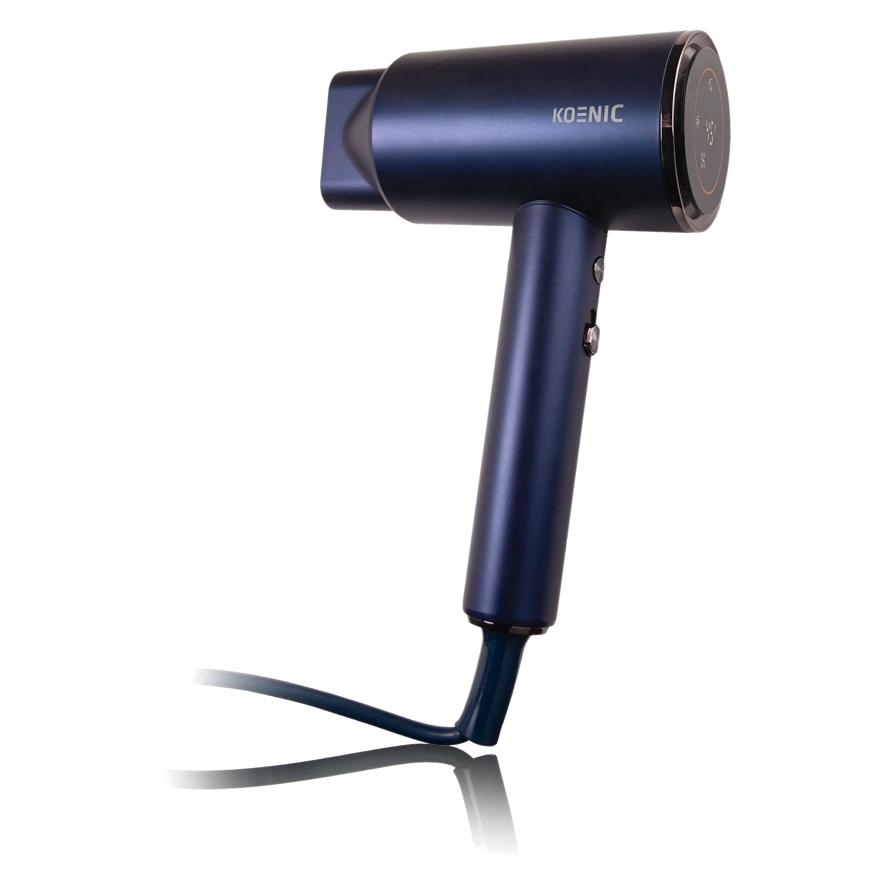 Niebieska suszarka do włosów Koenic stoi na stojaku na czarnym tle. Ma cyfrowy wyświetlacz i przyciski sterowania.