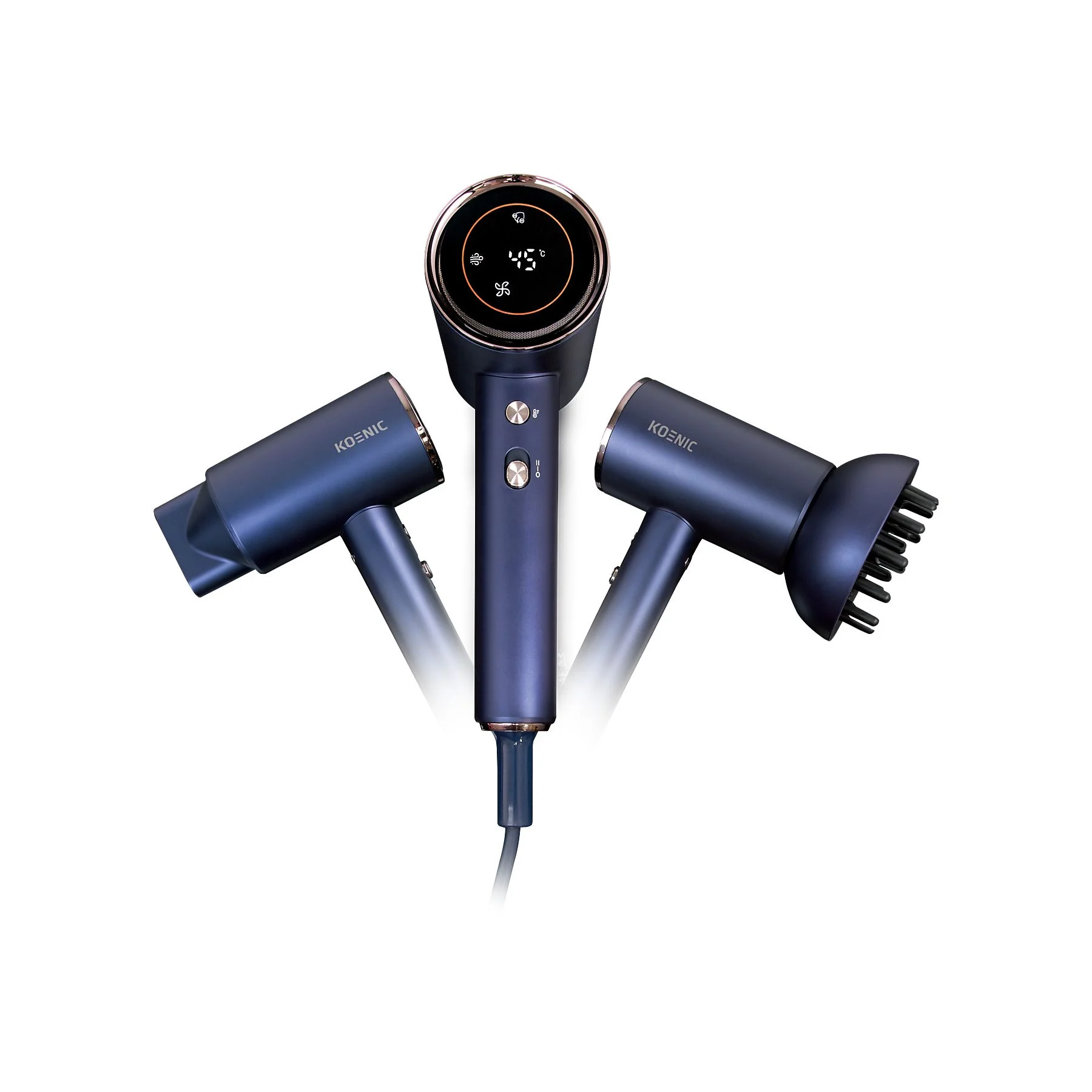Granatowa suszarka do włosów z trzema nasadkami. Suszarka pokazuje cyfrowy wyświetlacz z temperaturą 45 stopni.