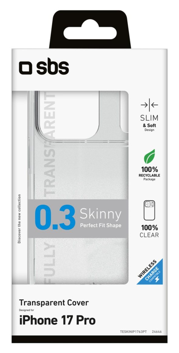 Opakowanie etui na telefon. Jest białe z widocznym etui. Tekst zawiera 'sbs', 'Skinny', 'iPhone 17 Pro' i 'Wireless Charge'.