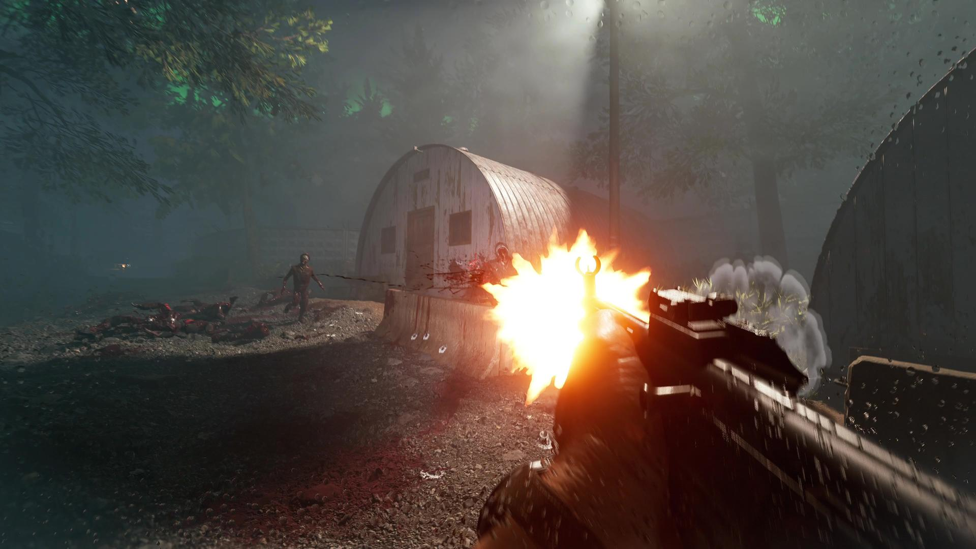 Ego-Perspektive eines Schützen. Eine Waffe feuert, mit einer großen Explosion. Zombies befinden sich im Hintergrund in der Nähe eines Gebäudes.