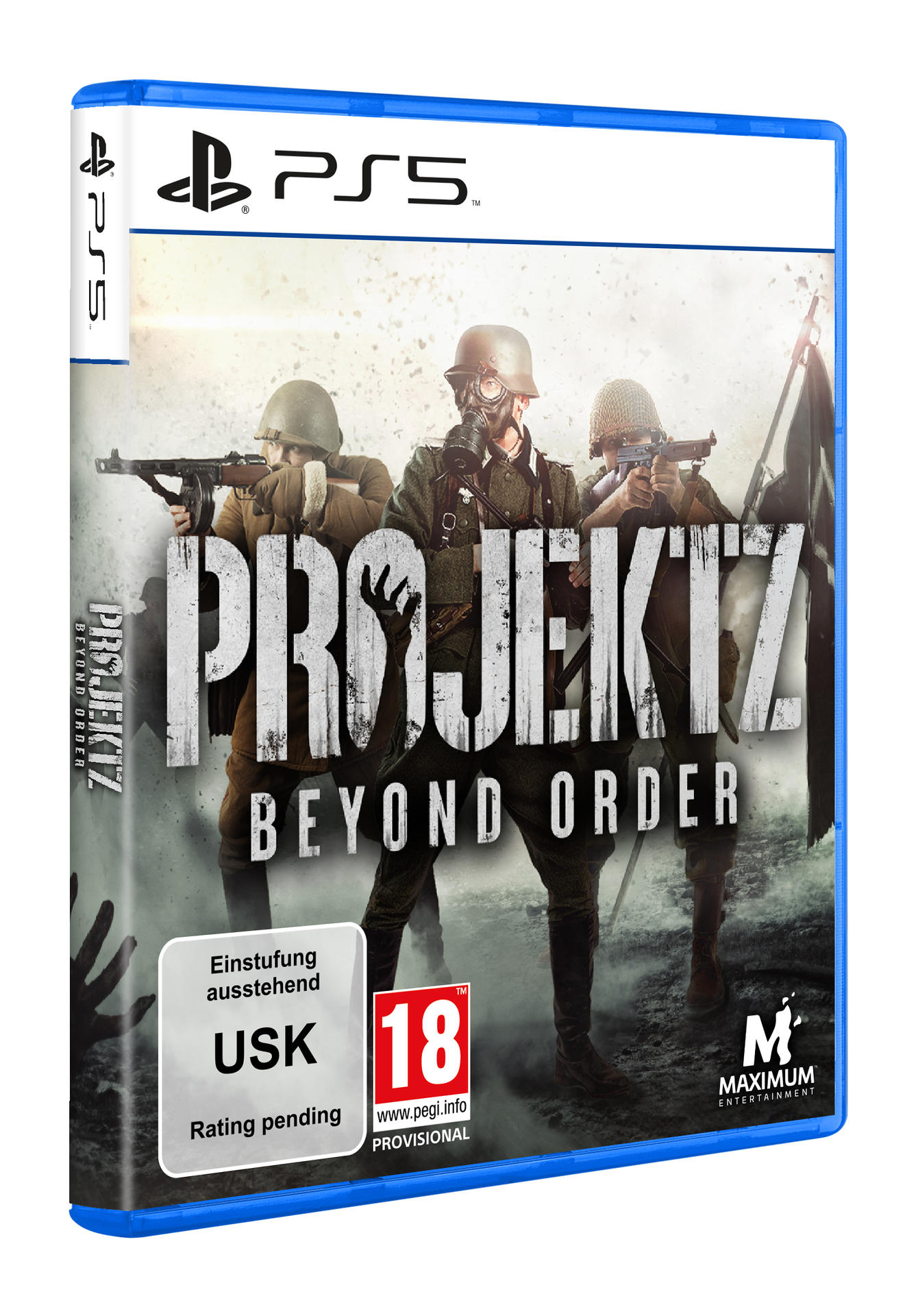 Spielcover für Projektz: Beyond Order. Zeigt Soldaten mit Waffen, Gasmasken und das PS5-Logo. Die USK 18-Bewertung ist sichtbar.