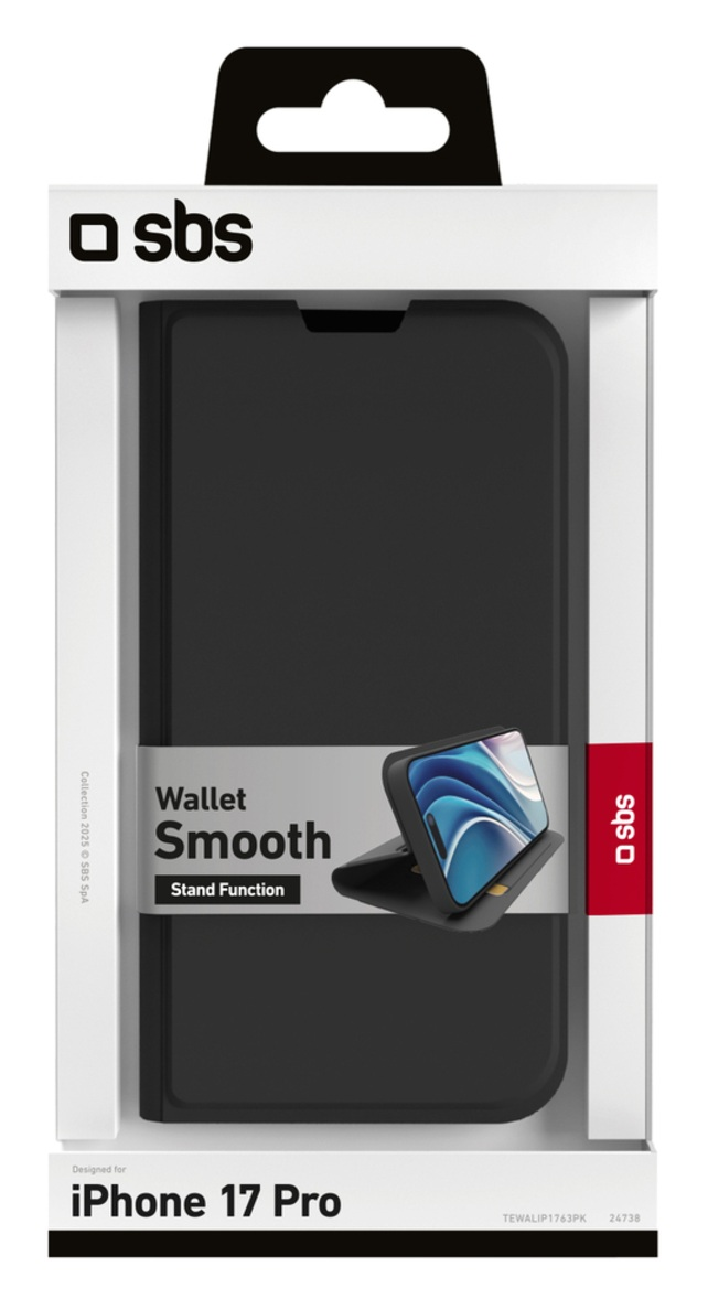 Czarny pokrowiec na portfel iPhone 17 Pro w opakowaniu. Pokrowiec jest oznaczony jako 'Wallet Smooth Stand Function' przez SBS.