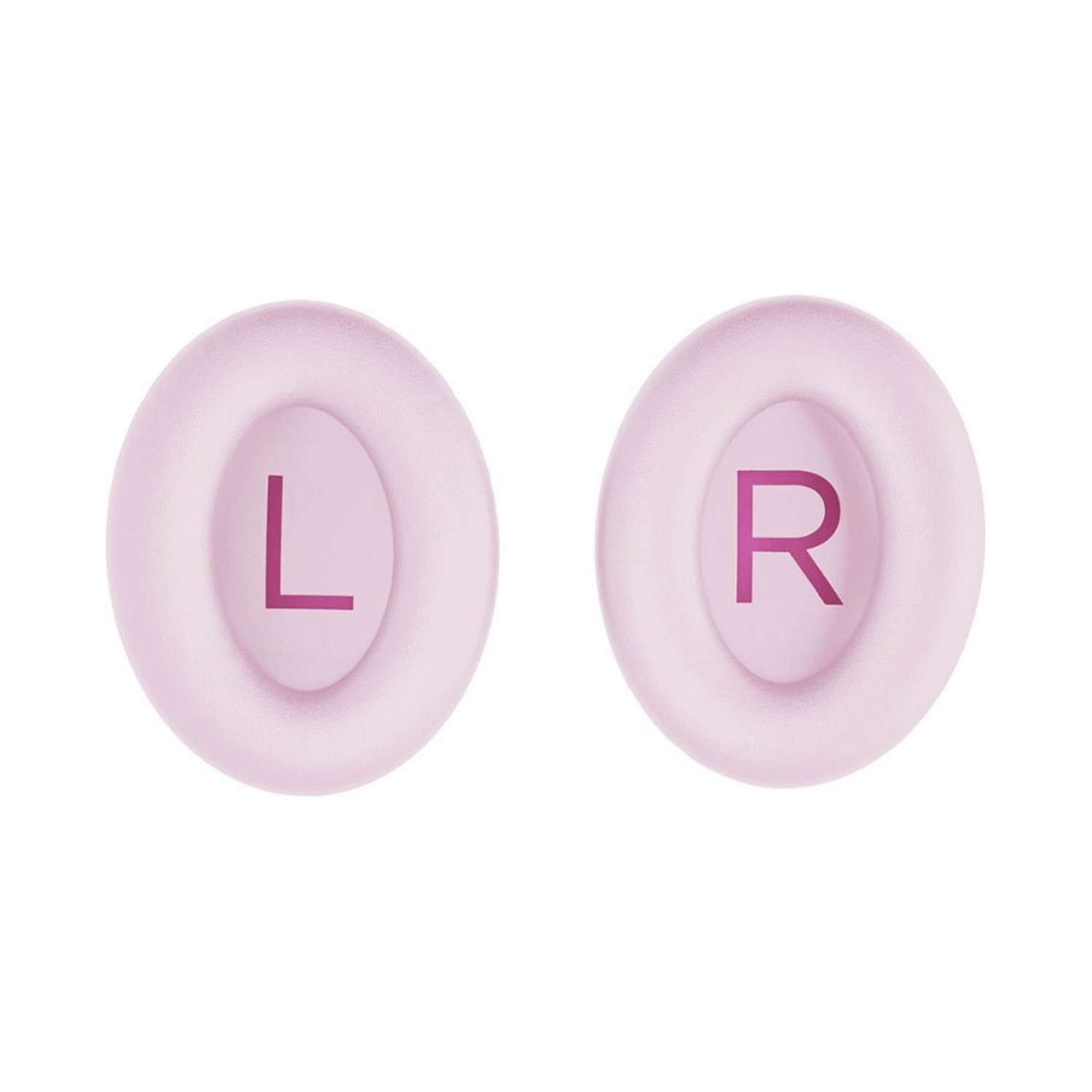 Due cuscinetti auricolari ovali rosa chiaro. Quello sinistro ha una 'L' viola, quello destro una 'R' viola all'interno.