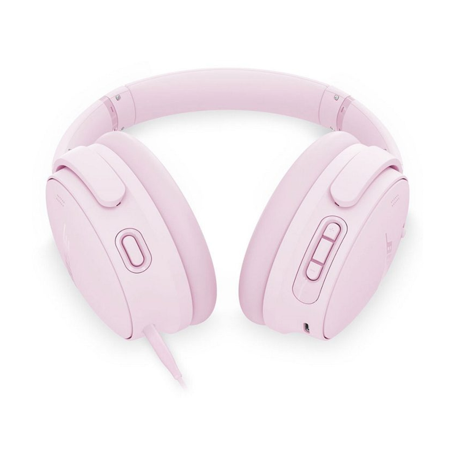 Un paio di cuffie rosa. Le cuffie sono su sfondo bianco, con un cavo su un lato.