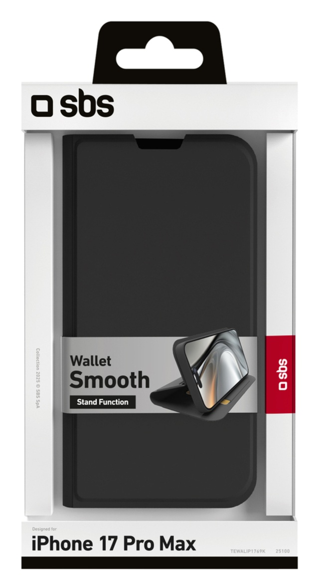 Czarny futerał na telefon z funkcją stojaka, w białym i przezroczystym opakowaniu. Marka to SBS. Zaprojektowany dla iPhone 17 Pro Max.