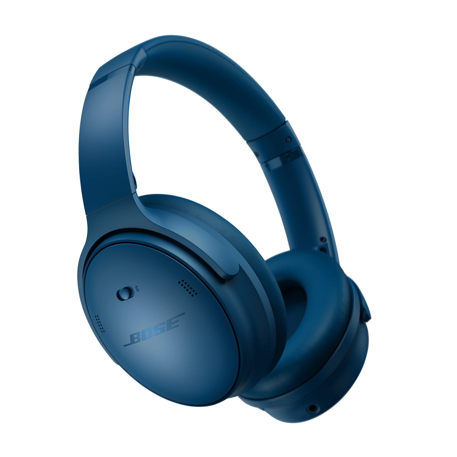Un paio di cuffie Bose blu sono angolate verso sinistra. Il logo Bose è visibile su un auricolare. Lo sfondo è bianco.