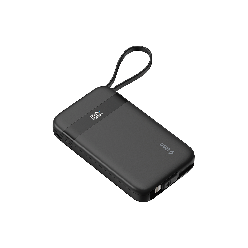 Döngüye sahip siyah bir powerbank. Ekranda %100 gösteriyor. 'itec' markası cihazda görülebilir.