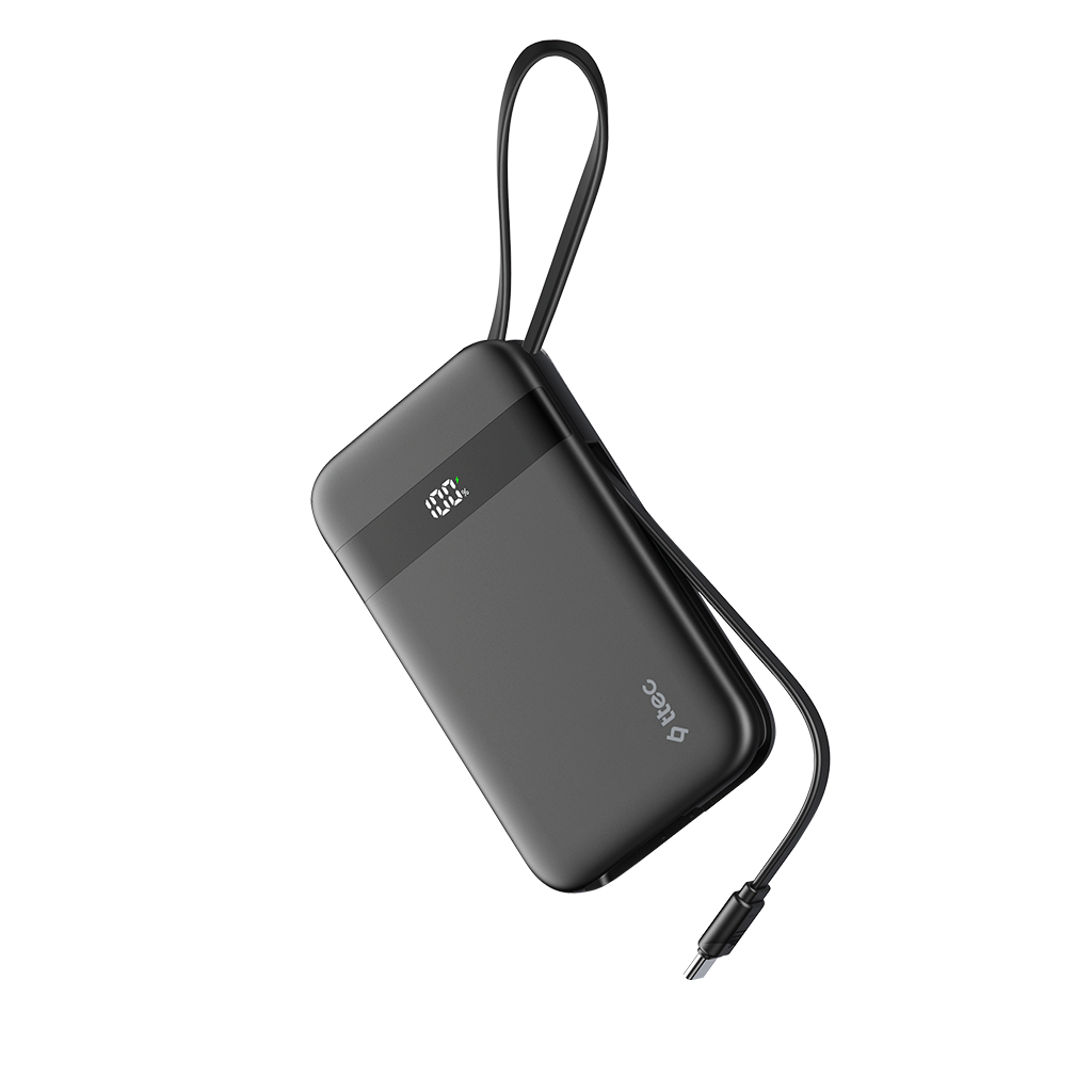 Döngüye sahip siyah bir powerbank, %100 şarj gösteriyor. Siyah bir kablo bağlı. Arka plan bir gradyan.