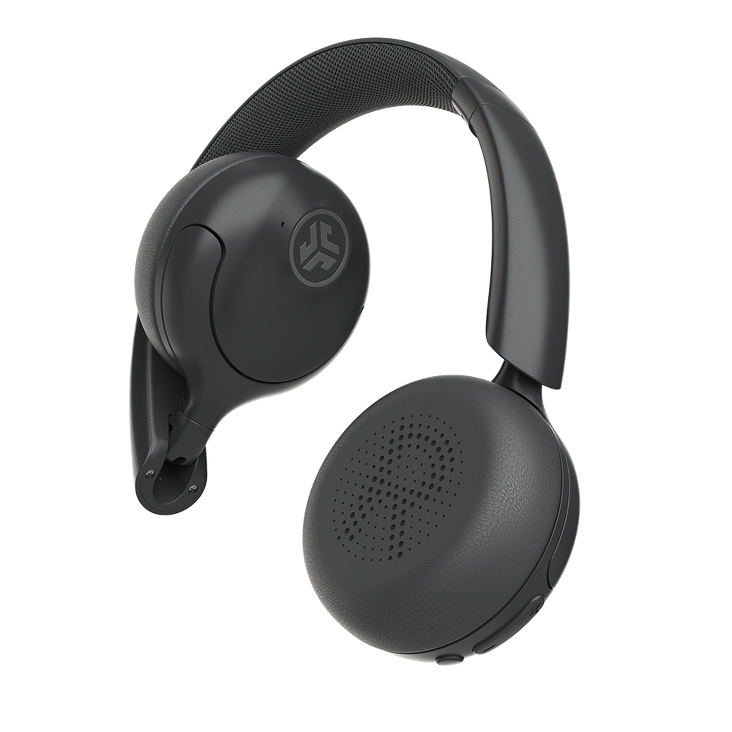 Casque gris sur fond blanc. Le casque a un bandeau rembourré, de larges oreillettes et un logo sur le côté.