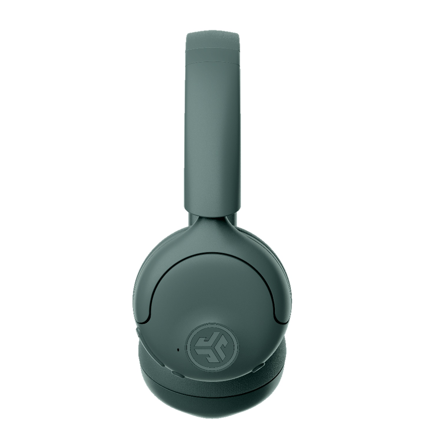 Une paire d'écouteurs gris foncé est centrée sur un fond blanc. Les écouteurs sont de style supra-auriculaire, avec le logo JLab visible.