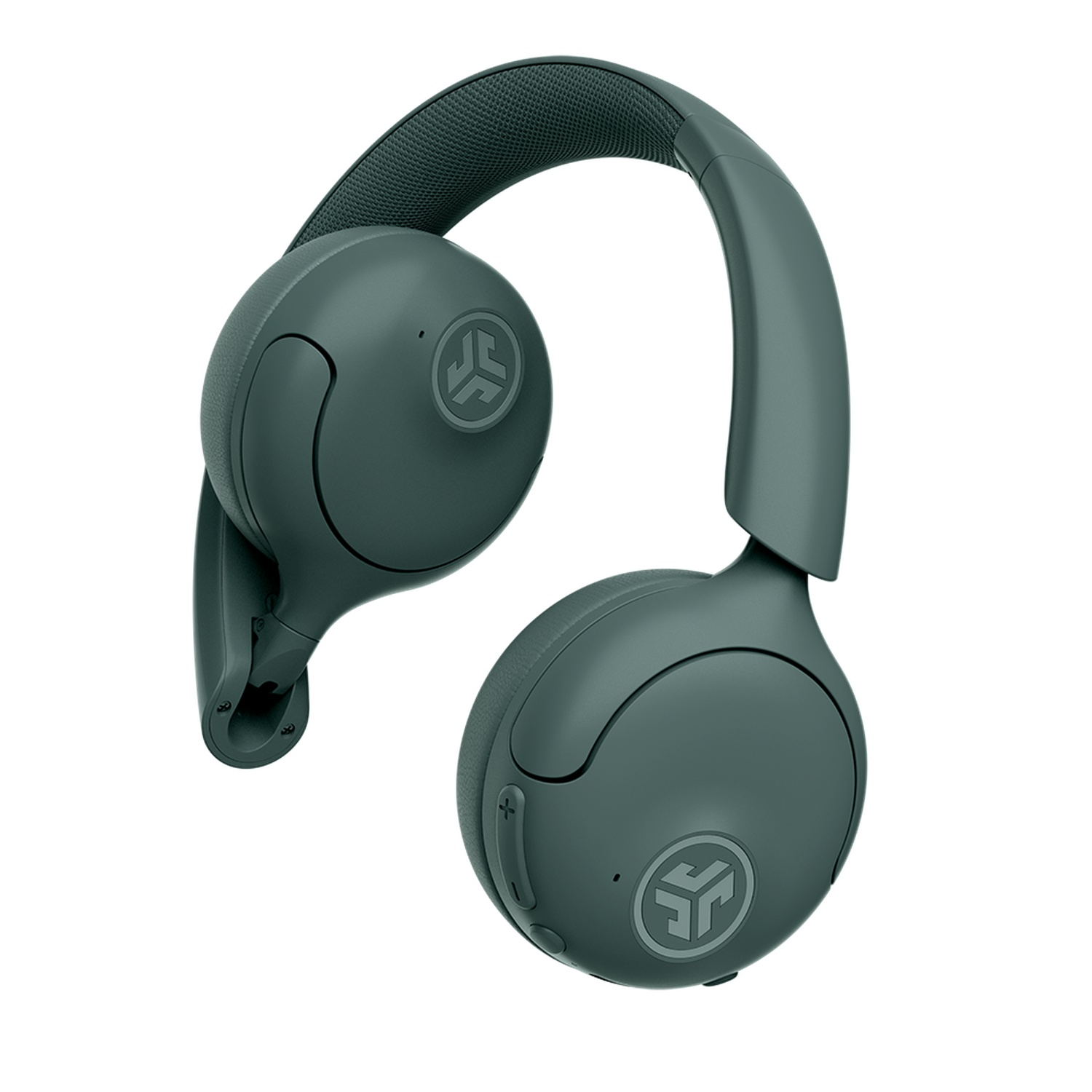 Une paire d'écouteurs sans fil supra-auriculaires de couleur vert sarcelle. Le logo JLab est visible sur les deux oreillettes. Le fond est blanc.