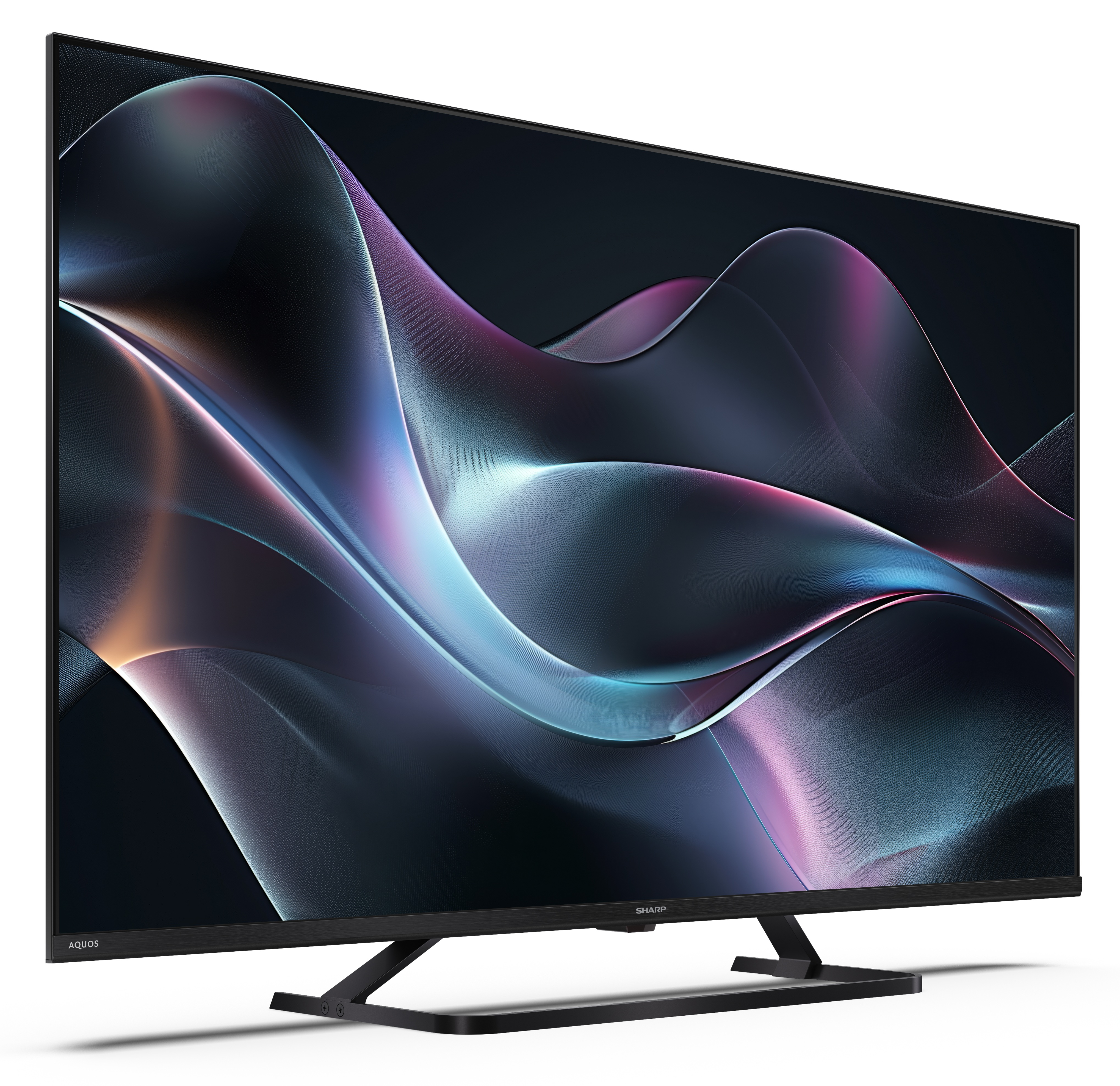 Elegancki, czarny telewizor Sharp Aquos. Ekran wyświetla abstrakcyjne, płynące linie w odcieniach niebieskiego, różowego i fioletowego.