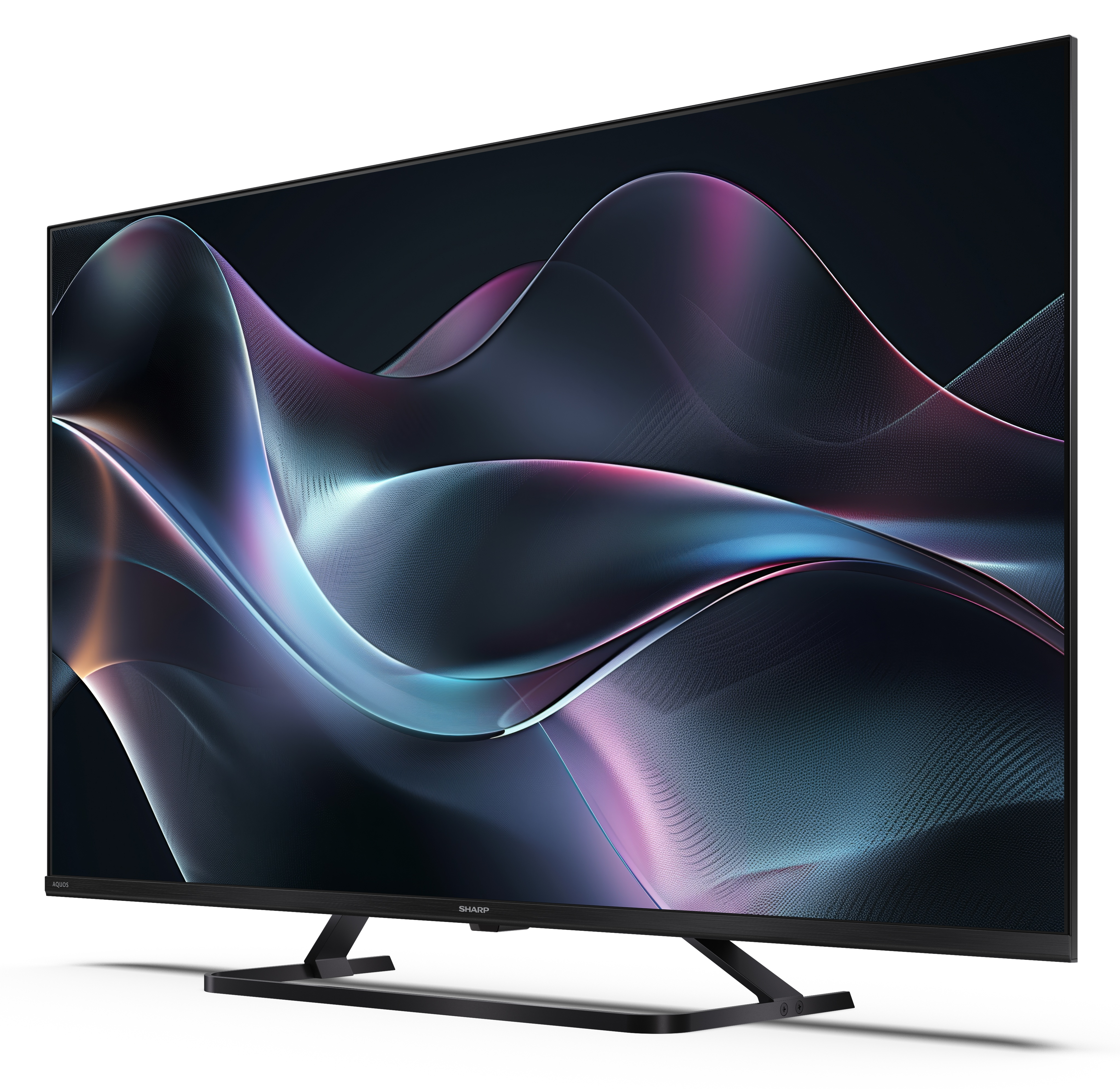 Duży telewizor z płaskim ekranem wyświetla abstrakcyjne, kolorowe, faliste linie. Ma czarną ramę i podstawę.