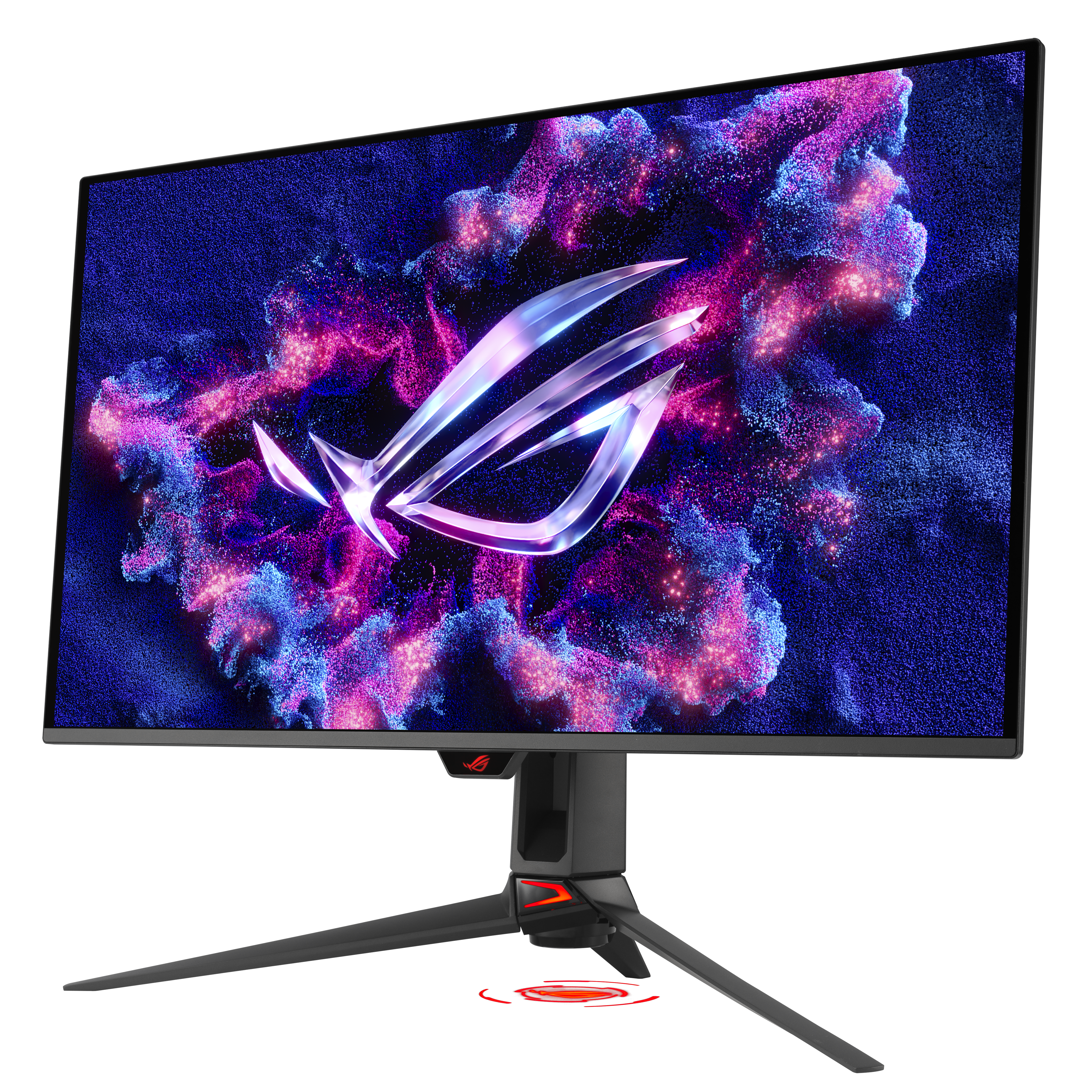 Ein Gaming-Monitor mit dem ROG-Logo vor einem Hintergrund aus kosmischen Wolken in Lila und Blau.