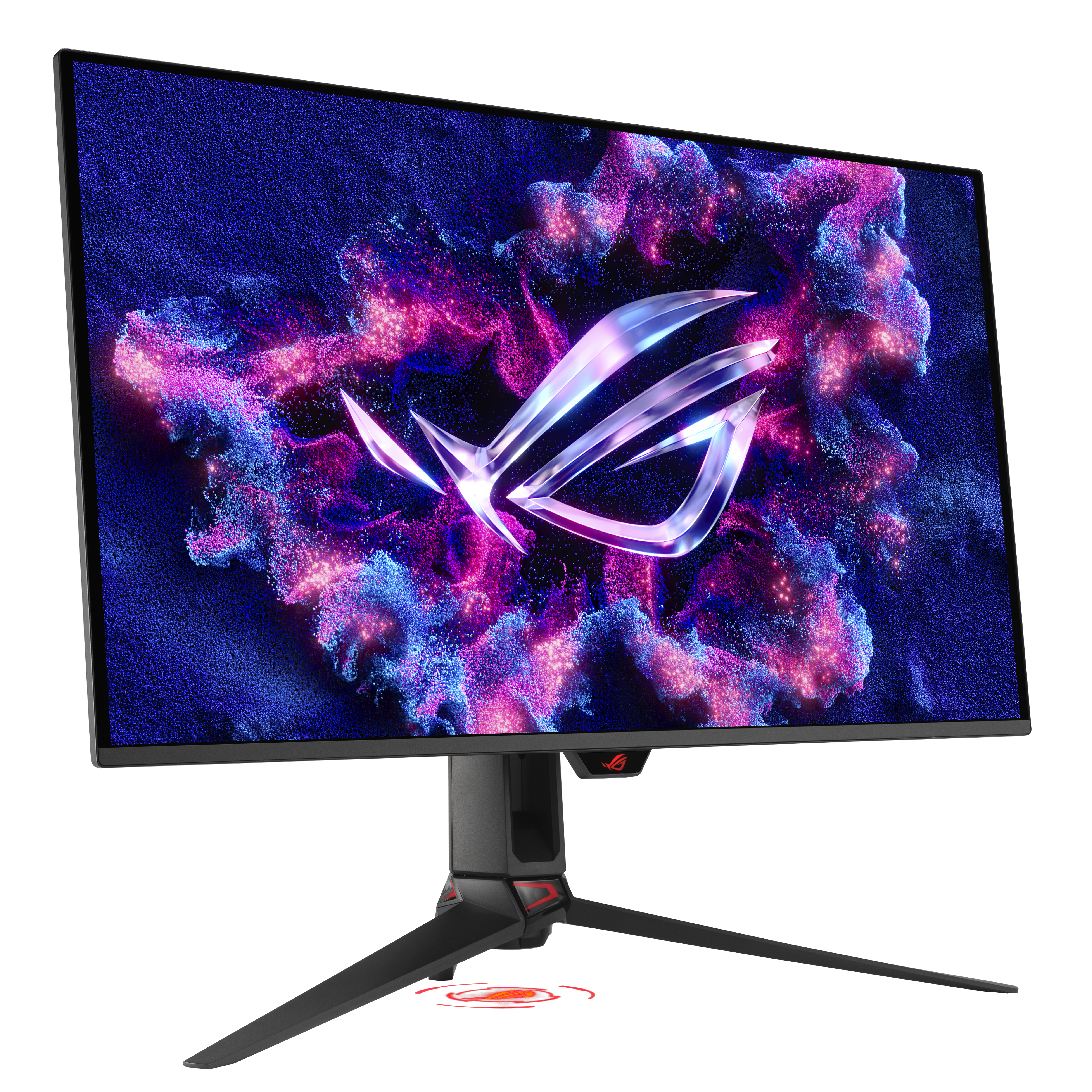 Ein moderner Gaming-Monitor mit einem ROG-Logo auf einem abstrakten Hintergrund.