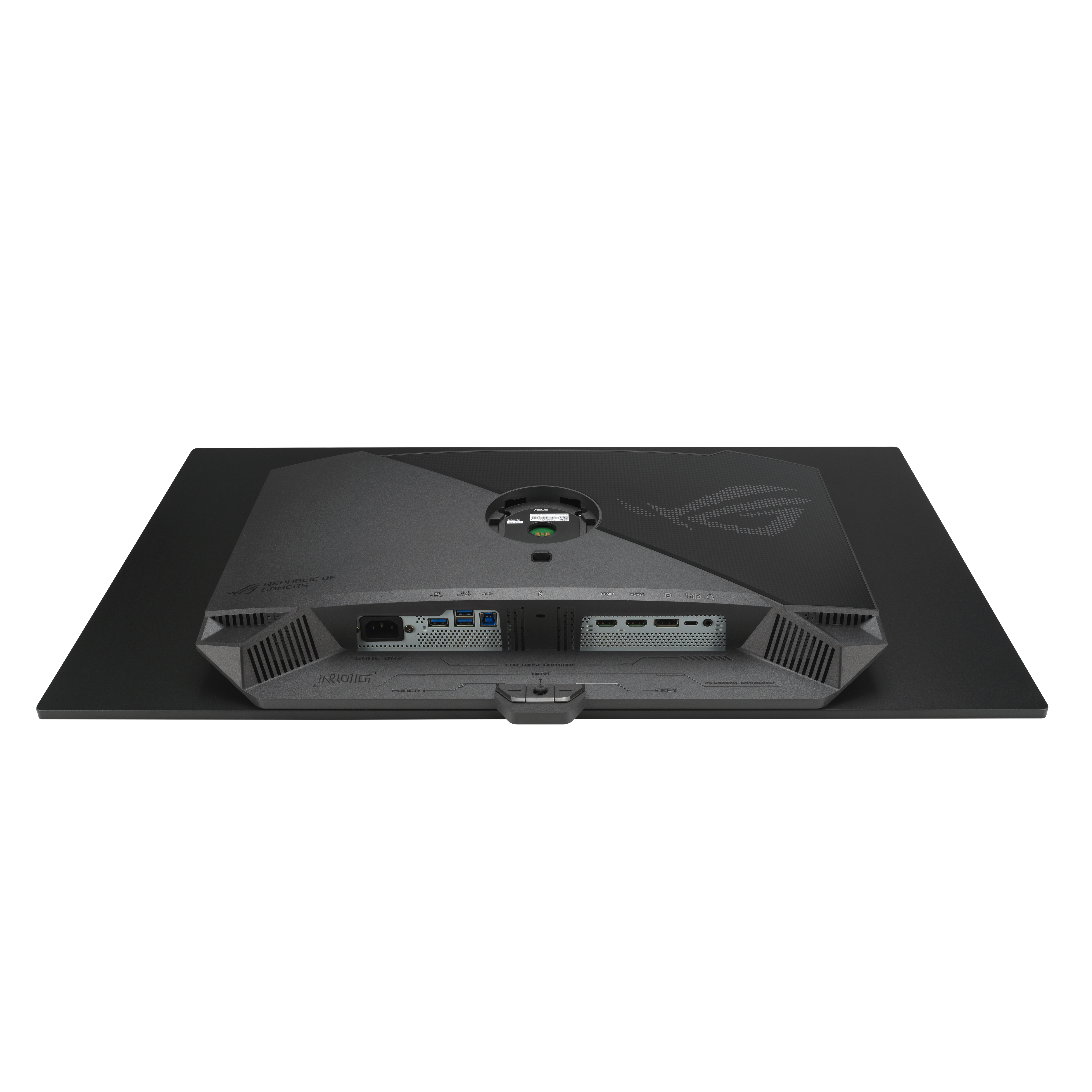Rückseite eines Monitors mit Anschlüssen: Strom, USB, HDMI, DisplayPort.