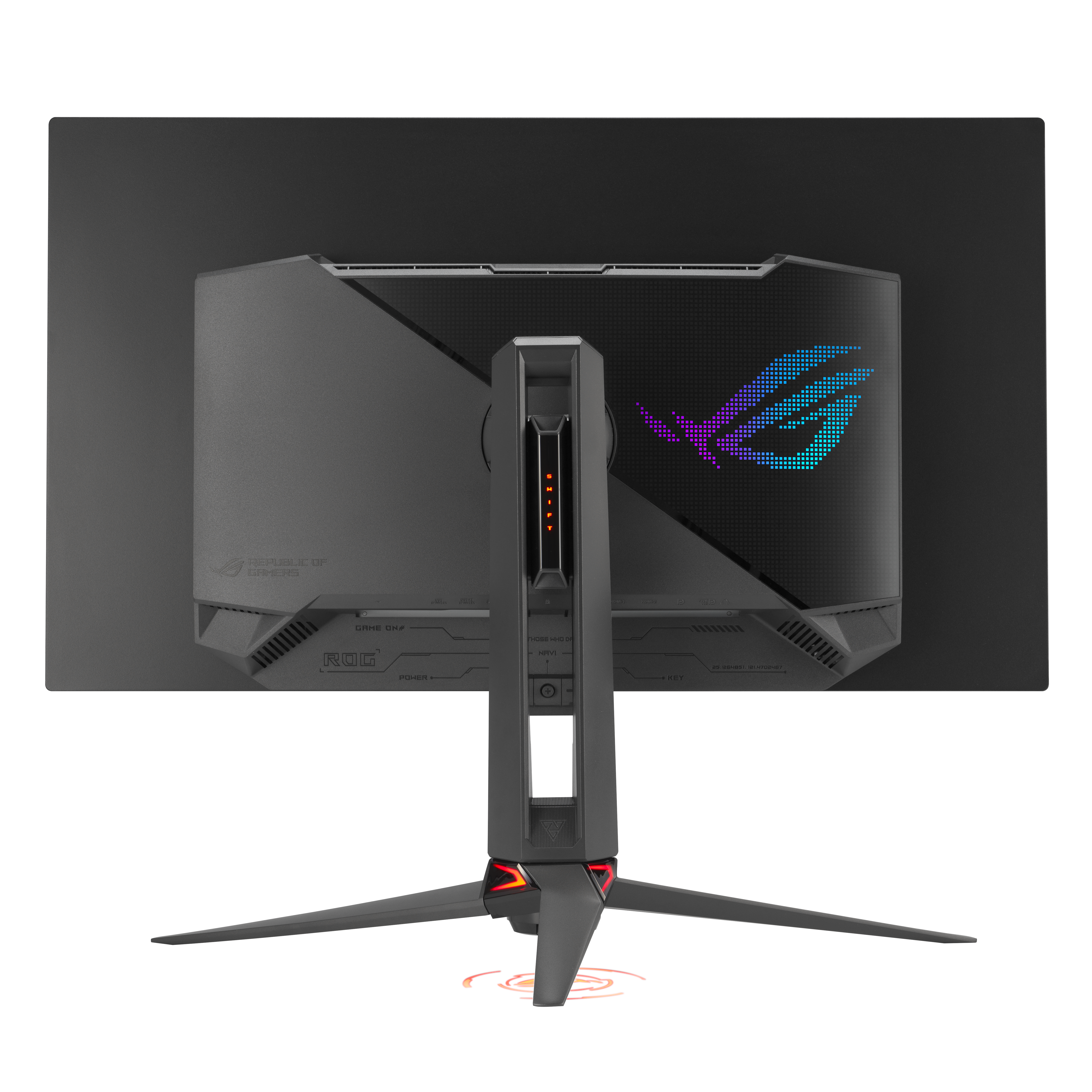 Rückseite eines schwarzen Gaming-Monitors mit ROG-Logo und Ständer.