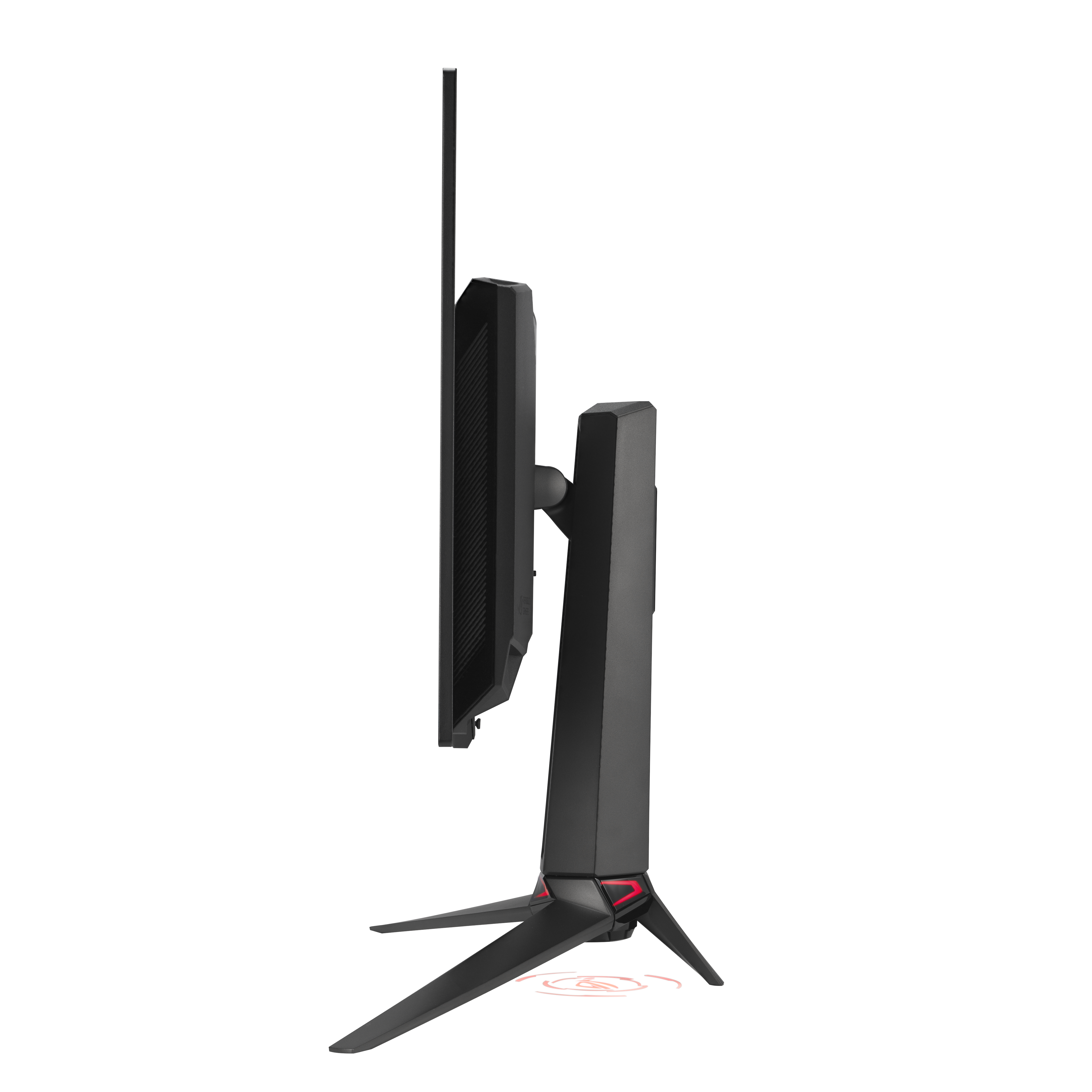 Ein schwarzer Gaming-Monitor mit rotem Akzentlicht auf dem Ständer.