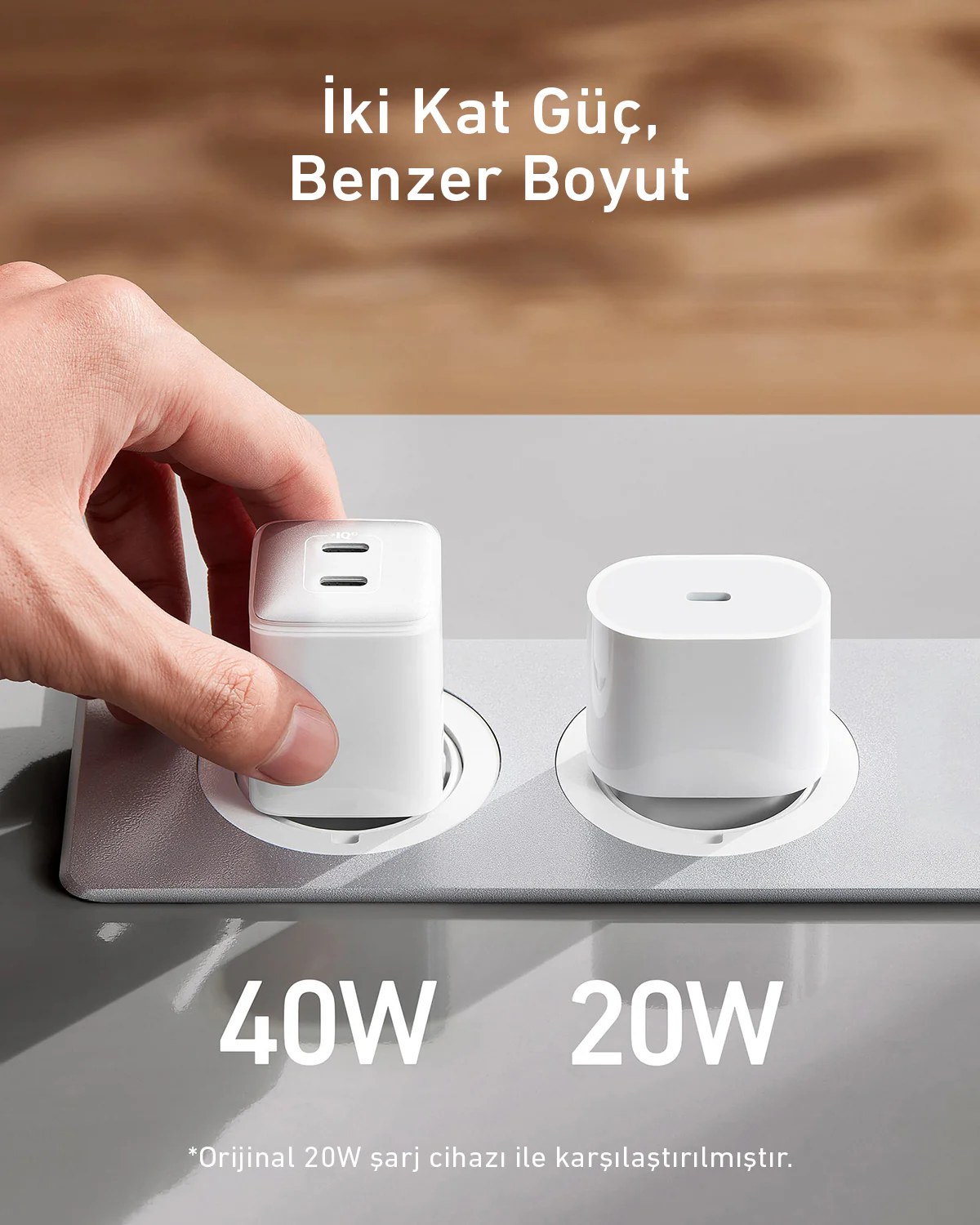 Bir el beyaz bir şarj cihazını bir prize yerleştiriyor. Yanında ikinci bir şarj cihazı var. Metinler '40W' ve '20W' ve 'iki Kat Güç, Benzer Boyut' diyor.