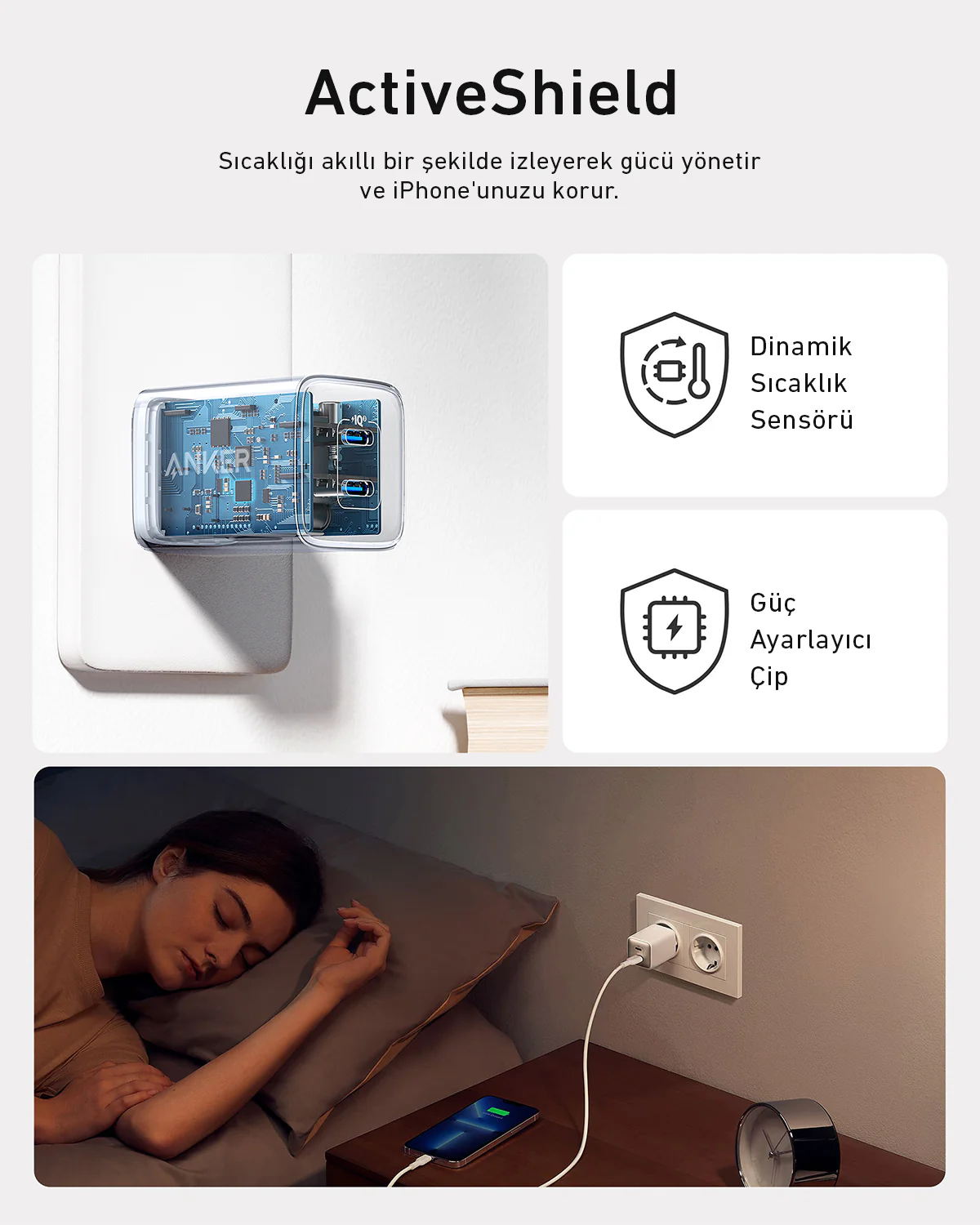 Anker ActiveShield şarj cihazı. Bir kadın uyuyor, telefon komodinde şarj oluyor. Şarj cihazı duvarda.