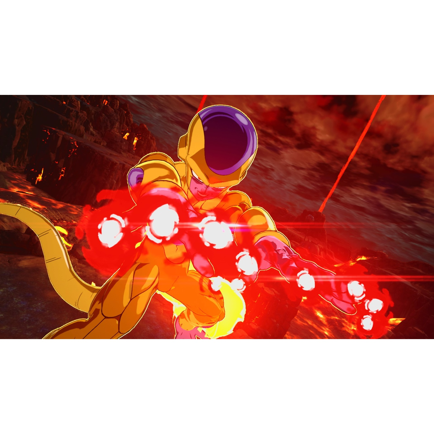 Golden Frieza spara sfere di energia dalle mani, circondato da energia rossa. Lo sfondo mostra un paesaggio infuocato.