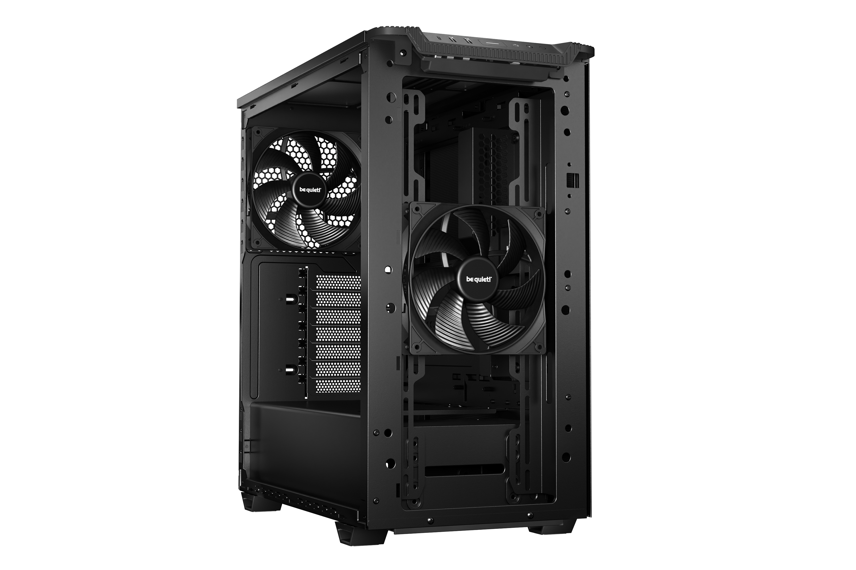 Schwarzes Computergehäuse mit zwei sichtbaren Lüftern. Die Front hat ein Mesh-Design. Lüfter haben das 'be quiet!'-Logo.